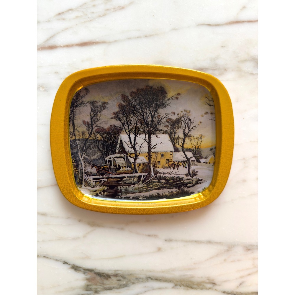 Vintage Jasco Hong Kong Winter Christmas Scene Metal Tray Gold Cottage Decor